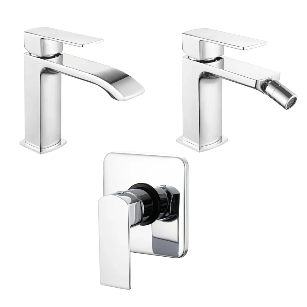 Composizione di miscelatori per lavabo, bidet e doccia una via serie Fire ottone cromato