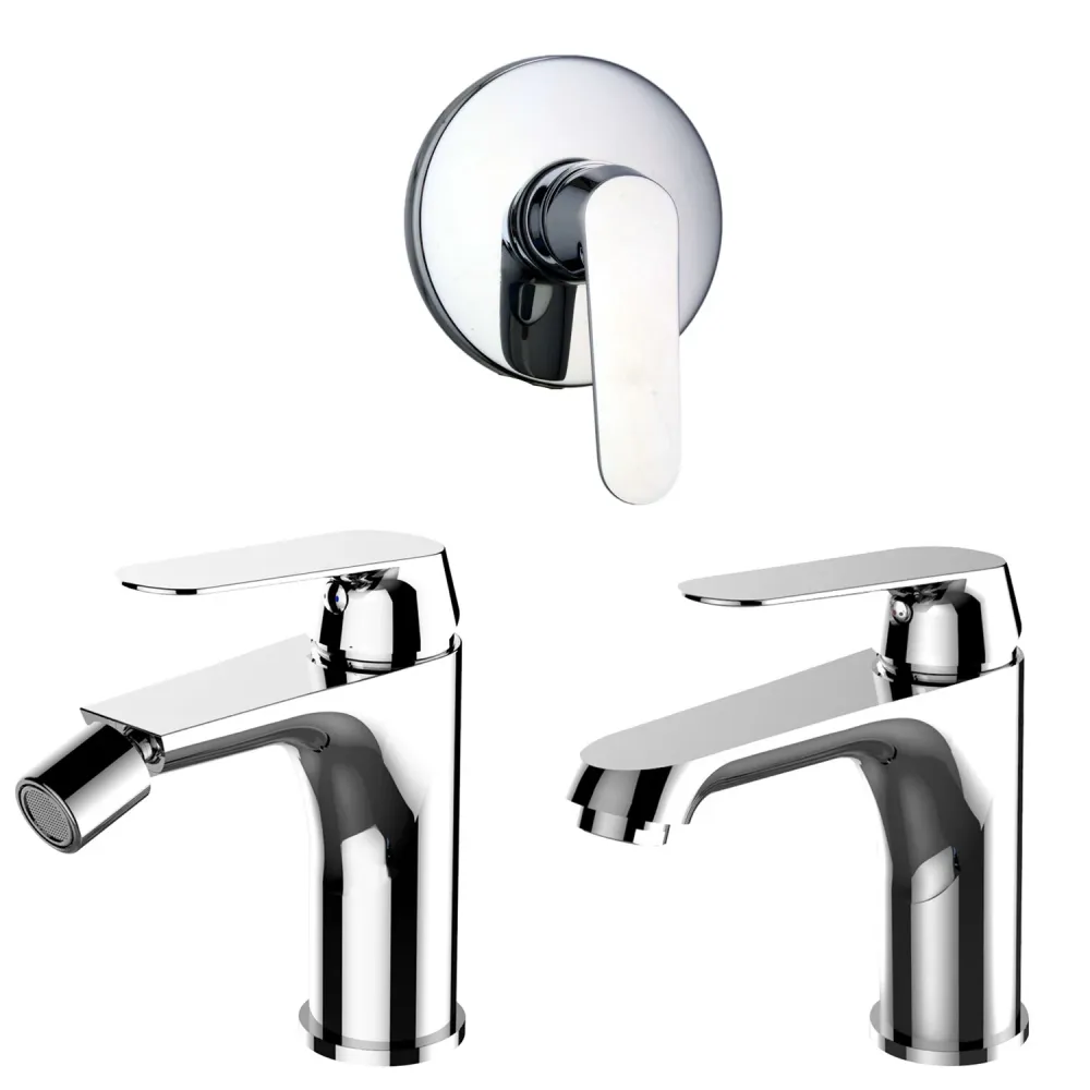 Composizione di miscelatori per lavabo, bidet e doccia una via Echo ottone cromato