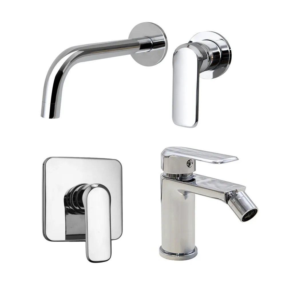 Composizione di miscelatori per lavabo incasso, bidet e doccia una via quadro Hopper ottone cromato